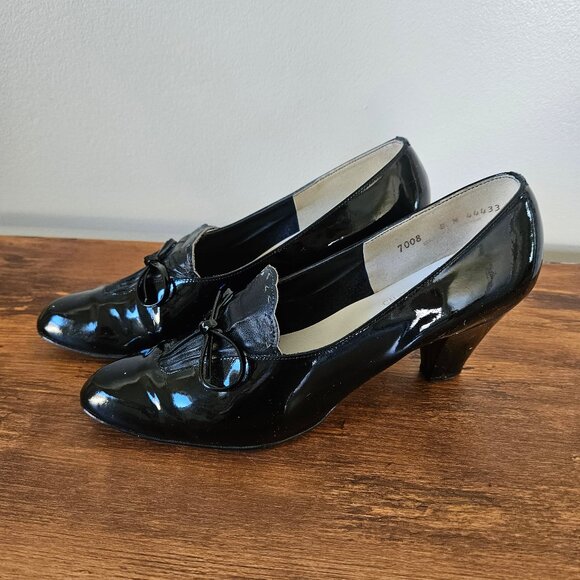 Vintage Magdesians Winklepicker Black Patent Leather Pointed Toe Bow Heels 60s 8 - Picture 2 of 8